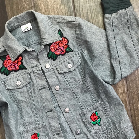 Lacoste Jackets & Blazers - VTG Lacoste Rose Sequin Jean Jacket Sz 38 Euro